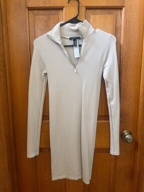 Forever 21 Beige Ribbed Long Sleeve Half-Zip Dress